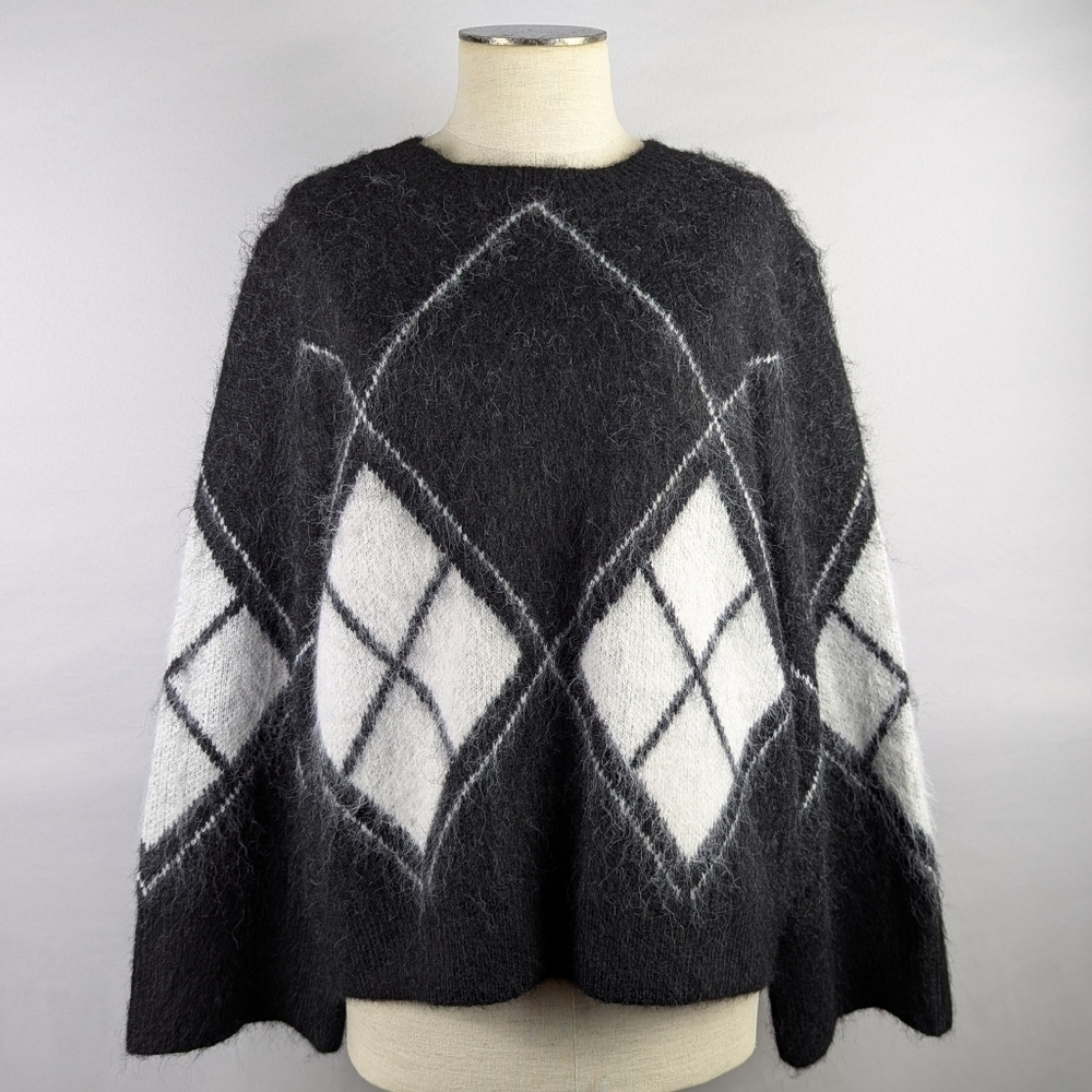 Magaschoni Argyle Sweater Teddy Bear Wool Blend Wide Cuffs Black White M NWT